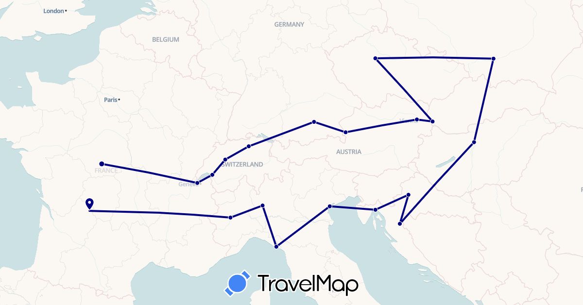 TravelMap itinerary: driving in Austria, Switzerland, Czech Republic, Germany, France, Croatia, Hungary, Italy, Poland, Slovakia (Europe)